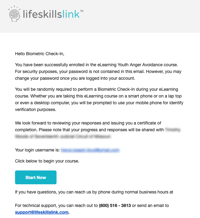 Biometric Check-in Email to Student
